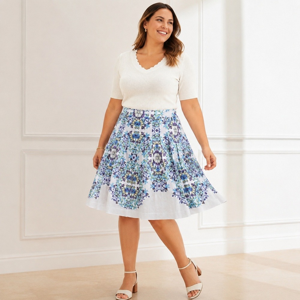Talbots Floral Fit & Flare Skirt Women's‎ Size 12 Blue White Cotton Stretch